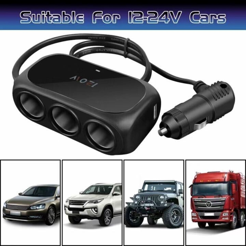 Picture of 3 Way Multi Socket Car Cigarette Lighter Splitter USB Charger Adapter 12V 24V