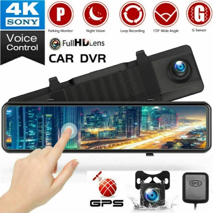 4K GPS Mirror Car Dash Cam 12" Touch Screen Dual Front and Rear Camera